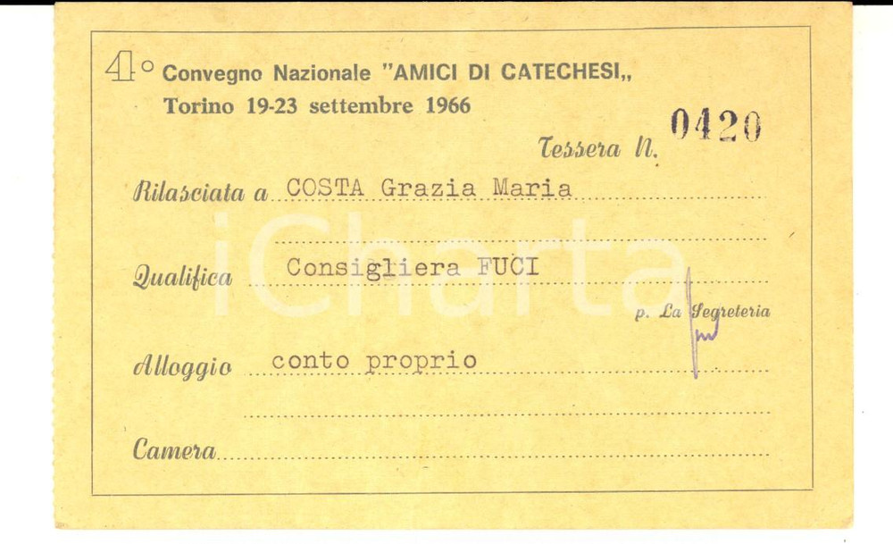 Oggetto da collezione cartaceo 1966 TORINO 4° Convegno Nazionale AMICI DI CATECHESI Tessera per consigliera 1