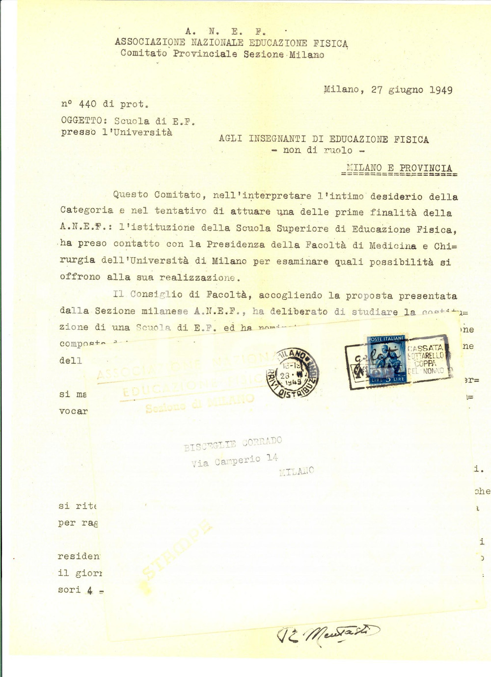 Manoscritto, lettera originale 1949 MILANO ANEF Lettera per scuola Educazione Fisica presso l UniversitÃ  1
