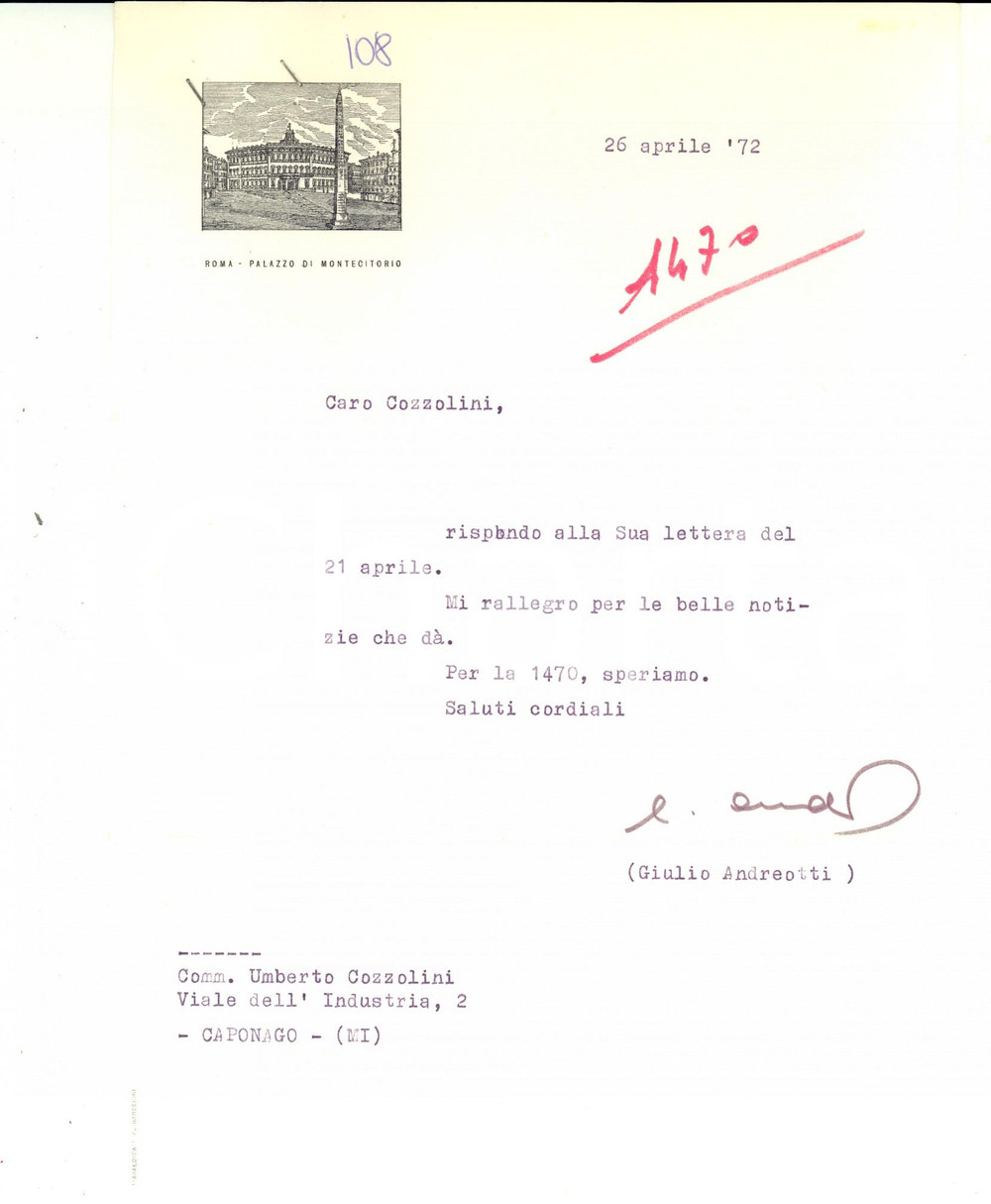 1972 ROMA Giulio ANDREOTTI si rallegra per le buone notizie *AUTOGRAFO