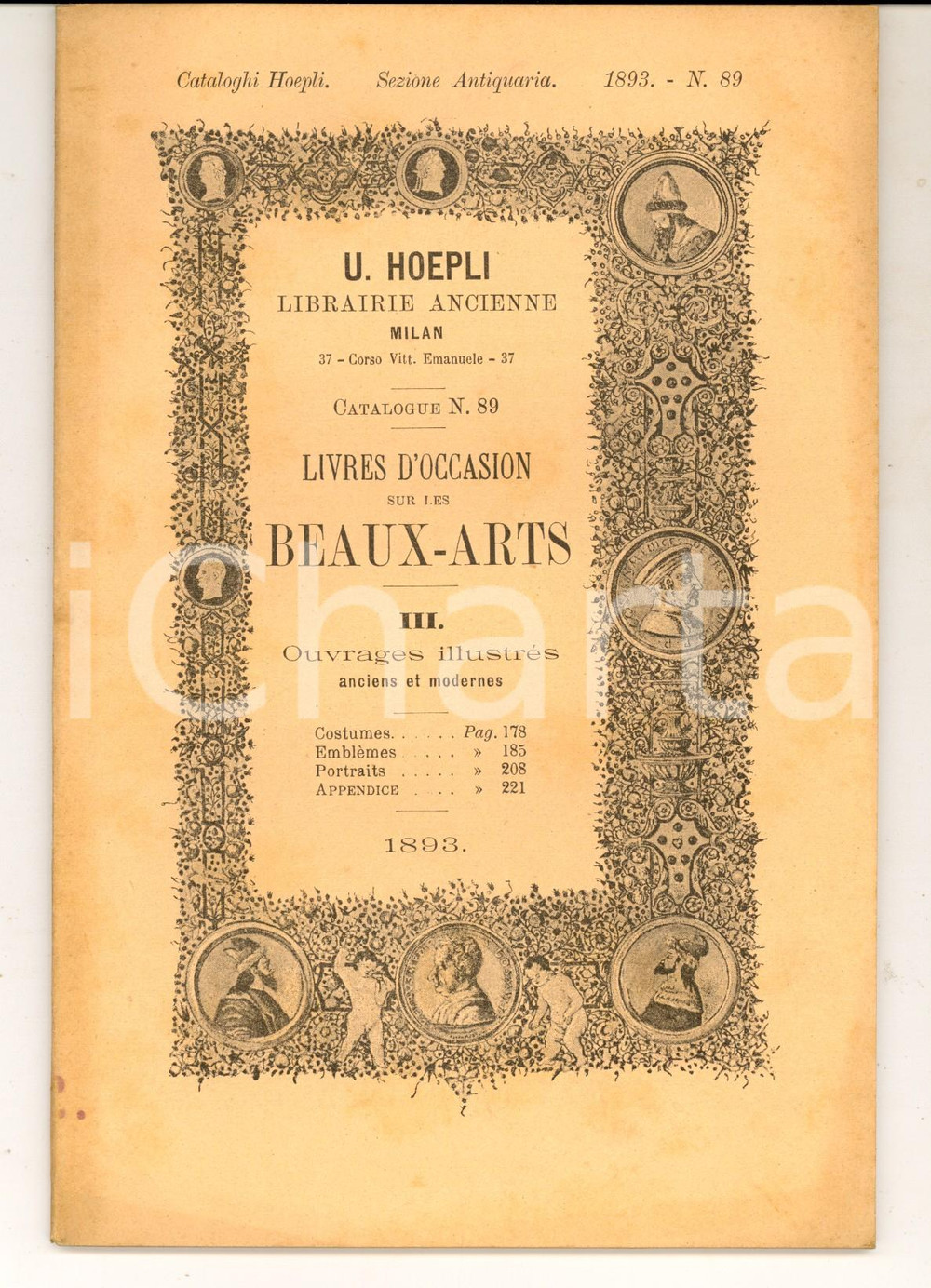 Libro, pubblicazione d epoca 1893 MILANO Catalogo Libreria Antiquaria HOEPLI  Libri ILLUSTRATI Costumi n° 89 1
