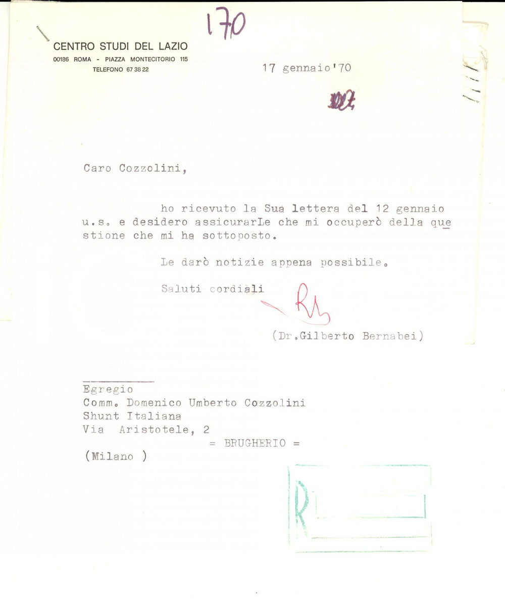 Autografo originale 1970 ROMA CENTRO STUDI LAZIO Gilberto BERNABEI promette impegno AUTOGRAFO 1