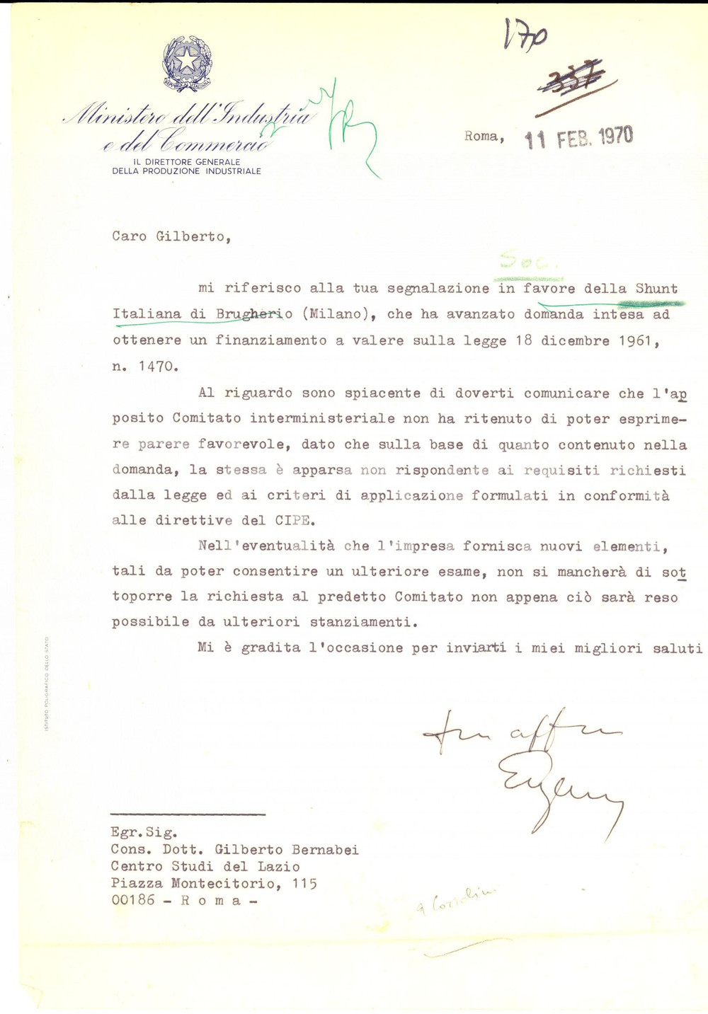 1970 ROMA Direttore Eugenio CARBONE sulla pratica SHUNT ITALIANA *AUTOGRAFO