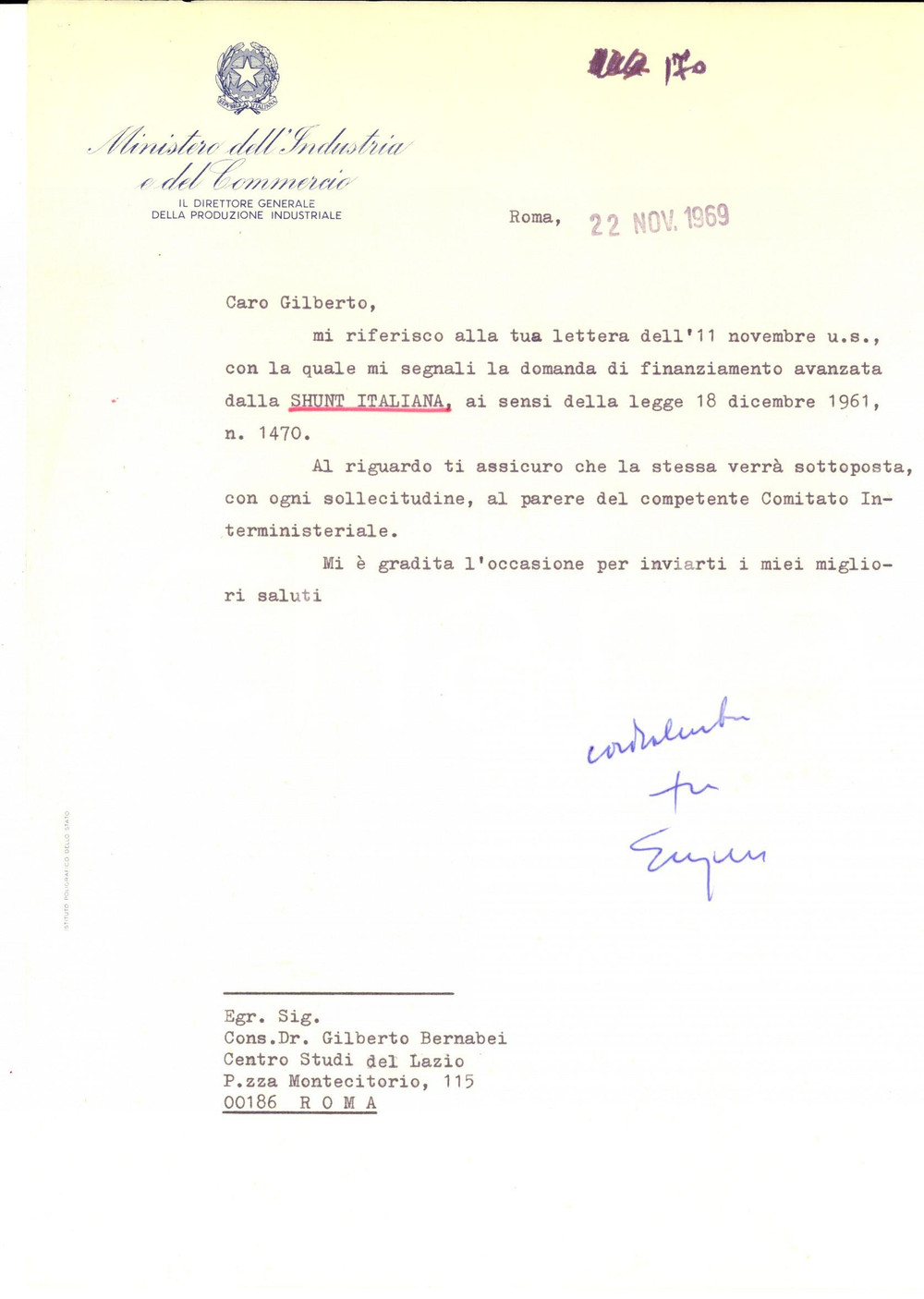 Autografo originale 1969 ROMA Direttore Eugenio CARBONE sulla pratica SHUNT ITALIANA AUTOGRAFO 1