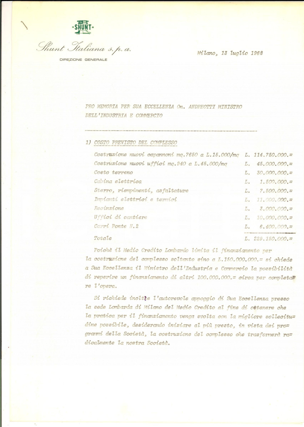 Documento originale, autentico 1968 MILANO SHUNT ITALIANA Relazione su progetto nuovi uffici e centro studi 1