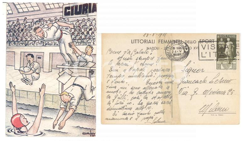 Cartolina originale da collezione 1938 NAPOLI LITTORIALI FEMMINILI Pallanuoto Cartolina GRAVEMENTE DANNEGGIATA 1