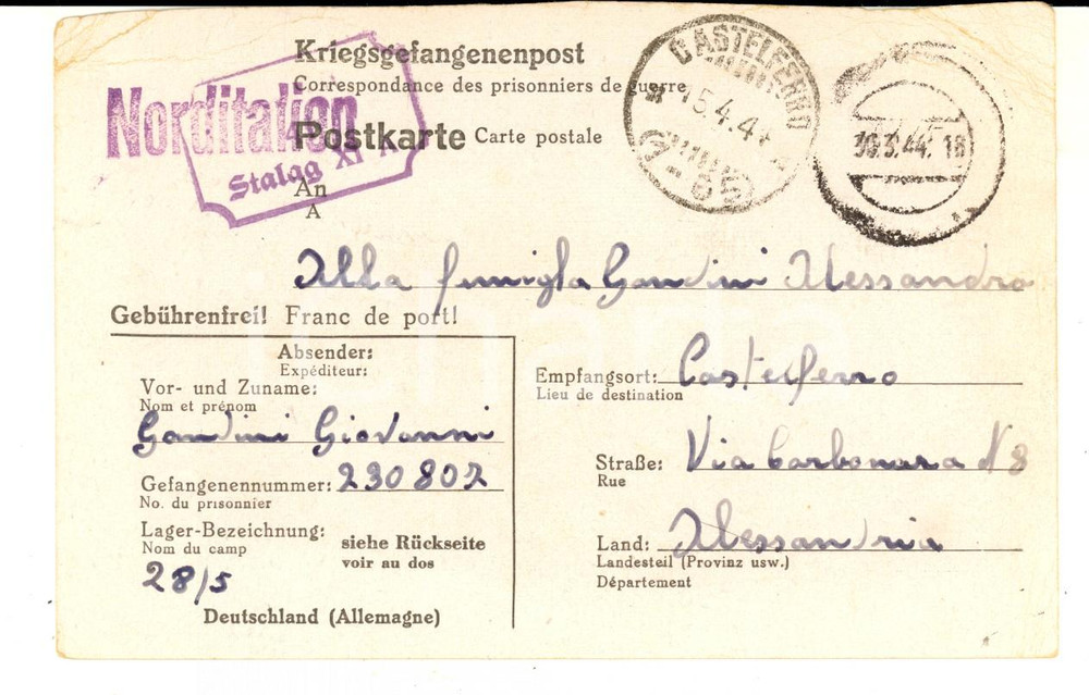 Manoscritto, lettera originale 1944 WW2 STALAG XI A ALTENGRABOW  POW Cartolina prigioniero Giovanni GANDINI 1