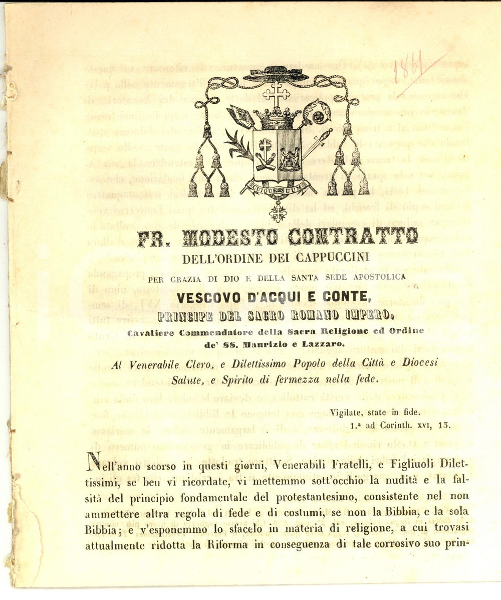 Documento originale, autentico 1861 ACQUI TERME Mons. Modesto CONTRATTO  FalsitÃ  ed eresia dei protestanti 1