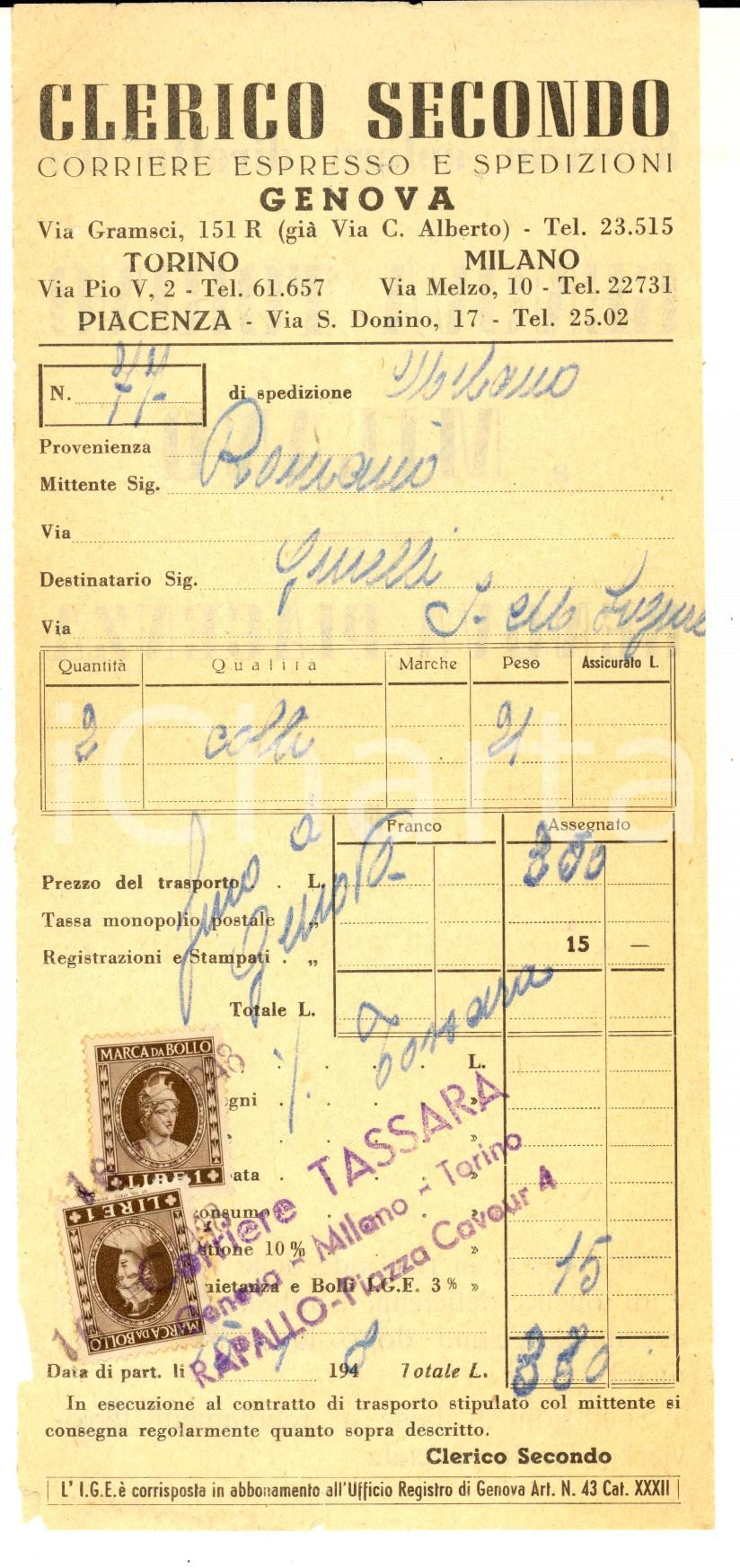 Materiale pubblicitario d’epoca 1948 GENOVA Corriere Espresso CLERICO SECONDO Ricevuta per spedizione con bolli 1