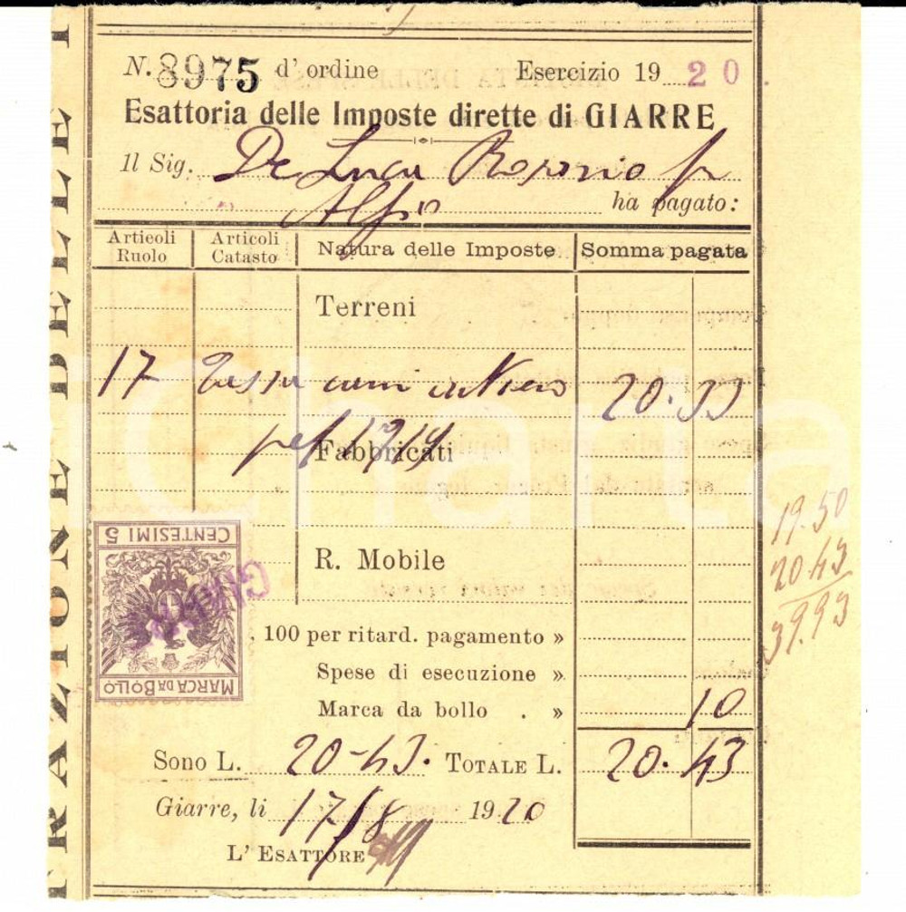 Documento originale, autentico 1920 GIARRE CT Censi su terreni Rosario DE LUCA Ricevuta con bollo 5 cent. 1