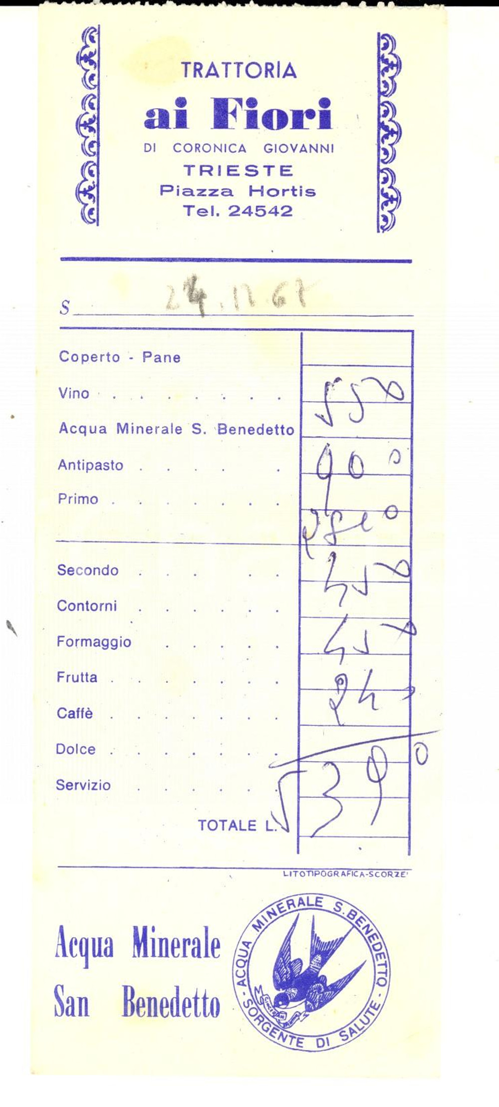 Materiale pubblicitario d’epoca 1967 TRIESTE Trattoria AI FIORI di Giovanni CORONICA Acqua SAN BENEDETTO 1