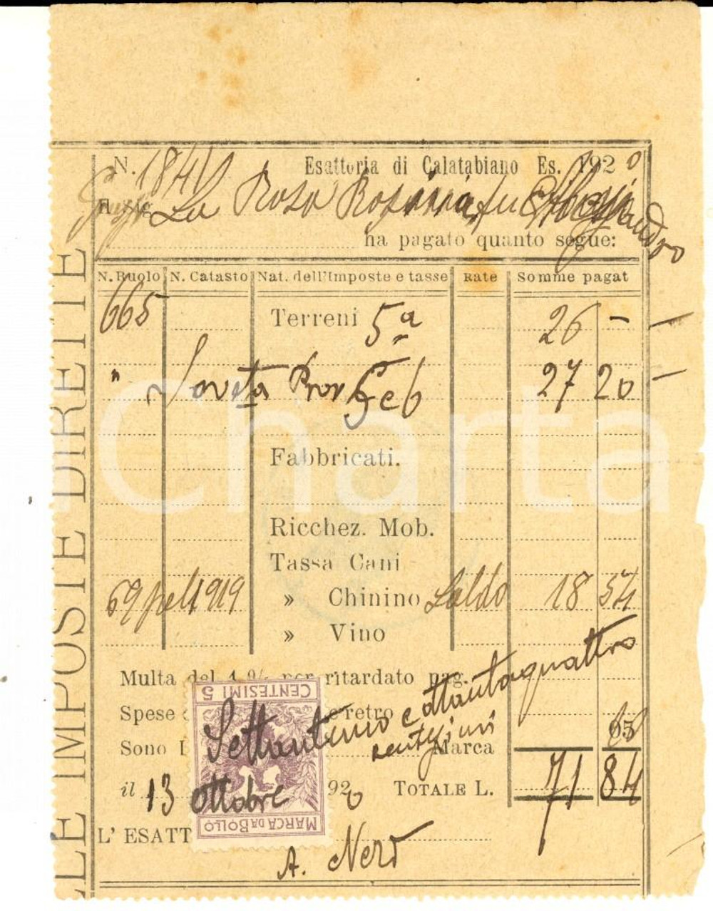 Documento originale, autentico 1920 CALATABIANO Censi su terreni Rosina LA ROSA DE LUCA Ricevuta bollo 5 cent. 1