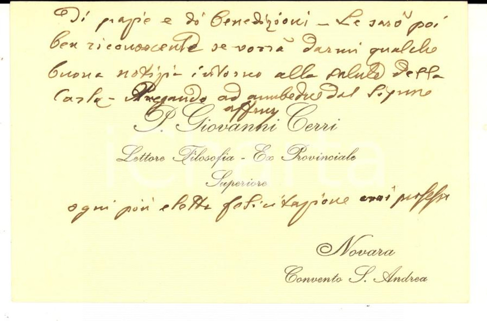 Oggetto da collezione cartaceo 1950 ca NOVARA Convento S. ANDREA Biglietto padre Giovanni CERRI Autografo 1
