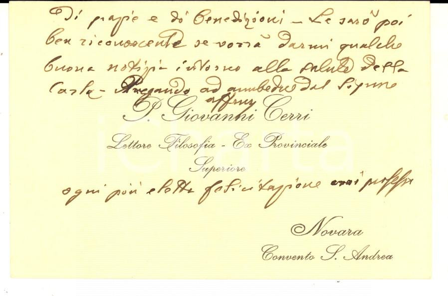 Oggetto da collezione cartaceo 1950 ca NOVARA Convento S. ANDREA Biglietto padre Giovanni CERRI Autografo 1