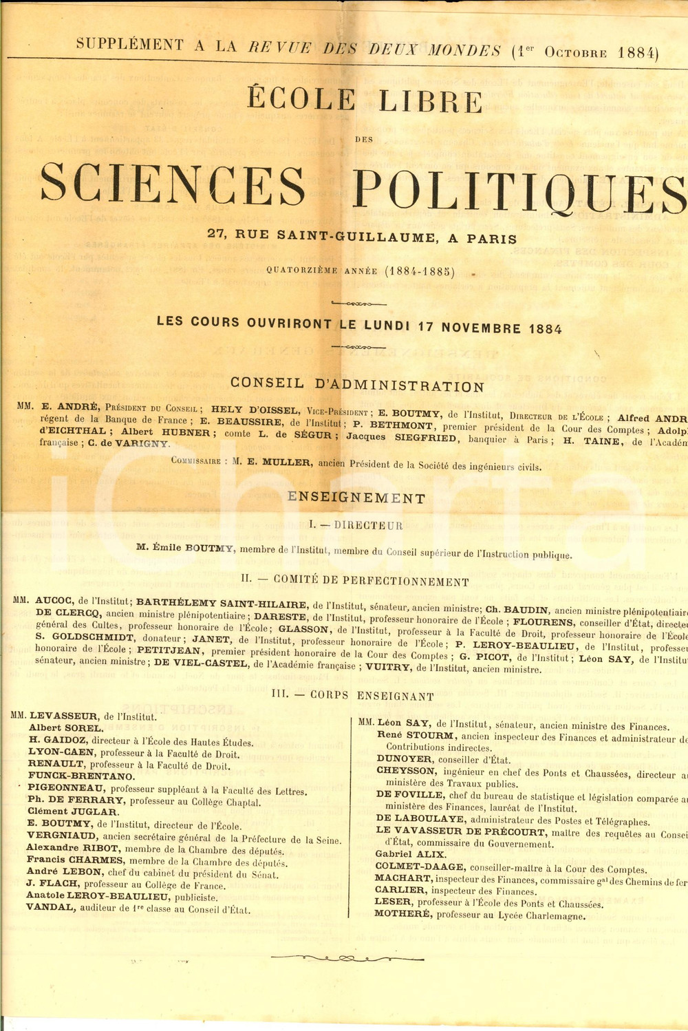 Materiale pubblicitario d’epoca 1884 PARIS Ecole libre des Sciences Politiques  Programme et organisation 1