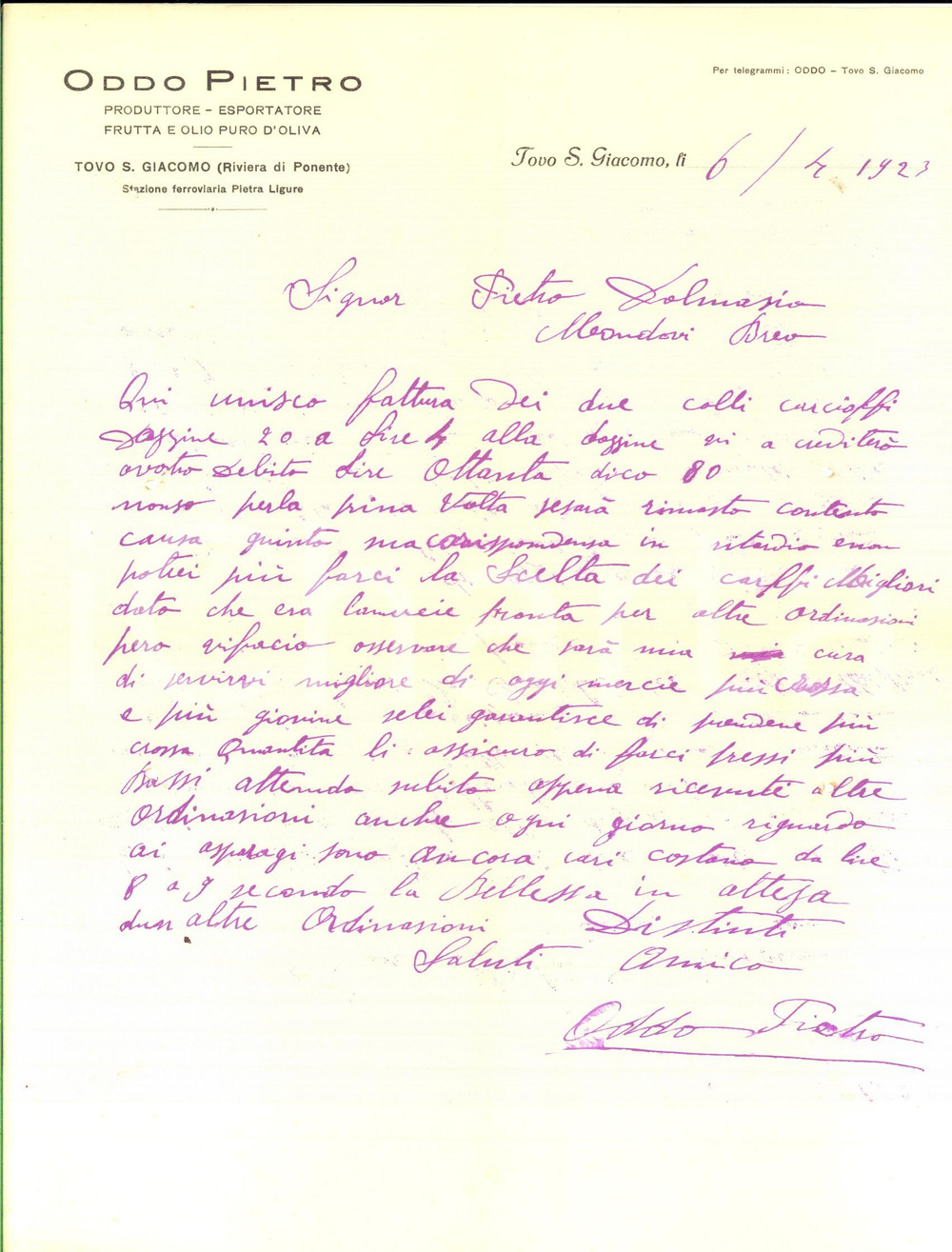 Manoscritto, lettera originale 1923 TOVO SAN GIACOMO SV Lettera Pietro ODDO produttore frutta e olio oliva 1