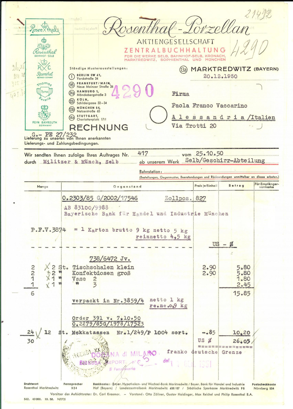 Documento originale, autentico 1950 MARKTREDWITZ Ordine e spedizione ditta ROSENTHAL  PORZELLAN 1