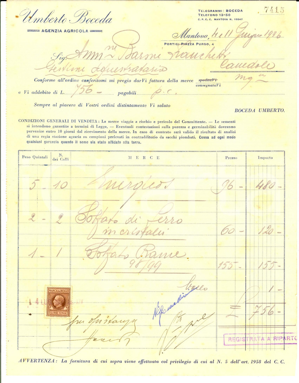 Documento originale, autentico 1936 MANTOVA Umberto BOCEDA Agenzia agricola Fattura commerciale 1