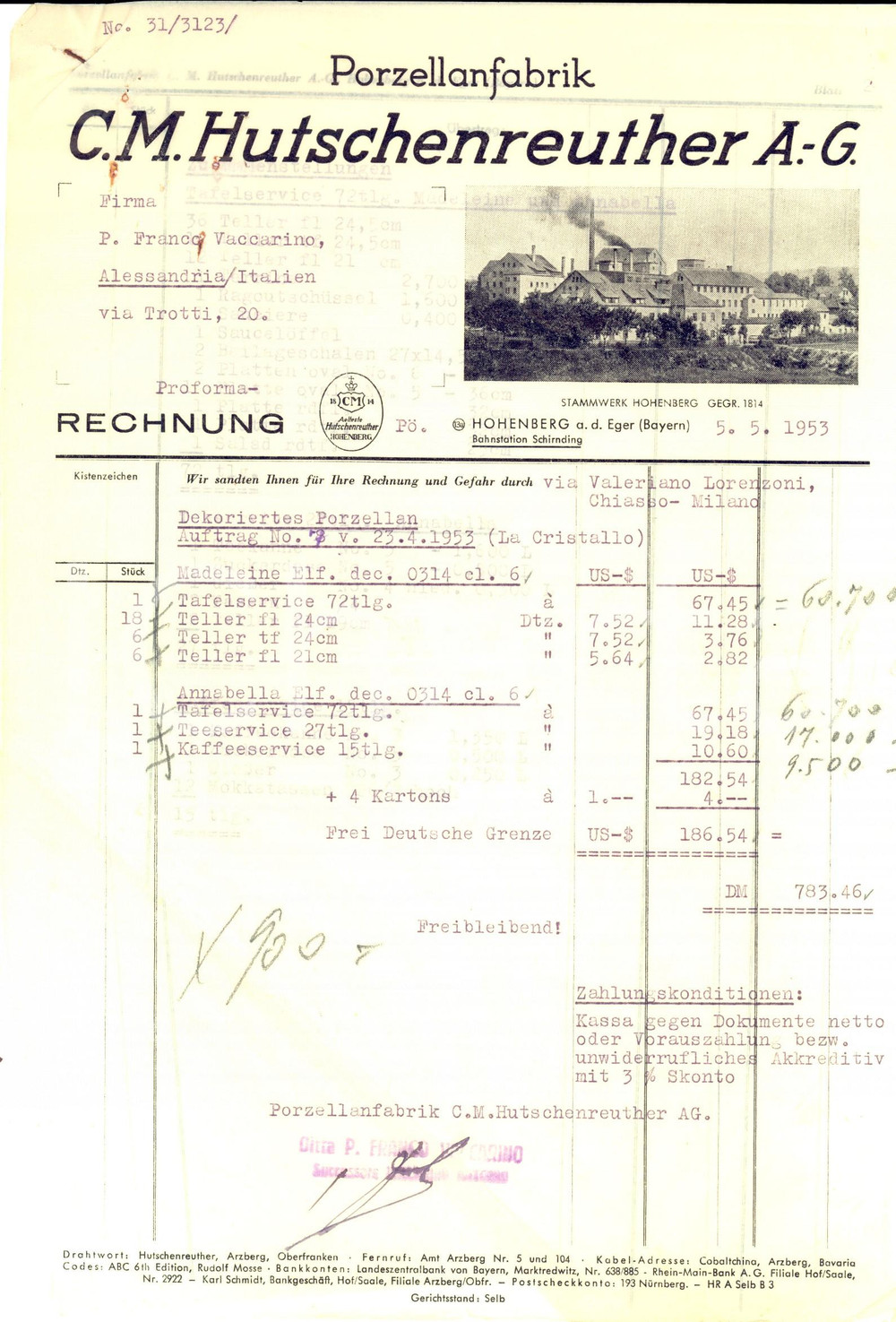 Documento originale, autentico 1953 HOHENBERG A. D. EGER Proforma HUTSCHENREUTHER A.G. Porzellanfabrik 1