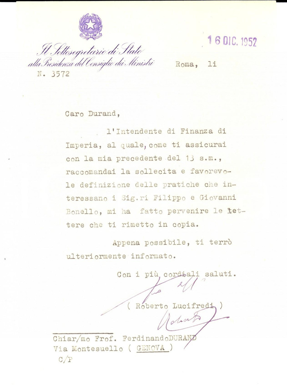Autografo originale 1952 ROMA Roberto LUCIFREDI sulle pratiche di due raccomandati Autografo 1