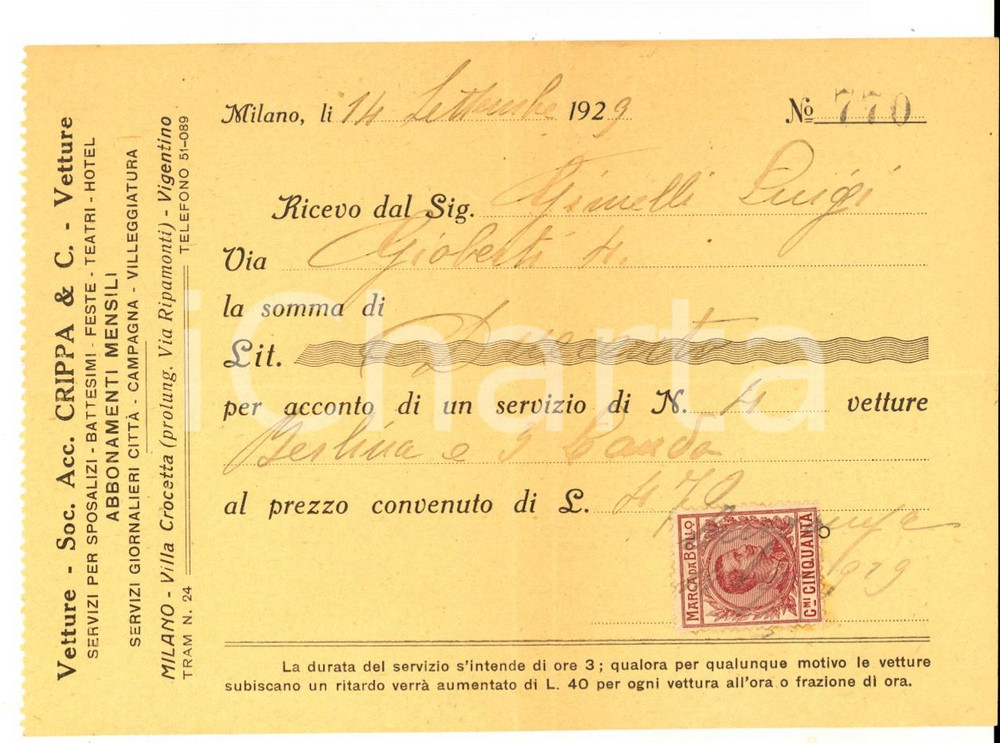 Documento originale, autentico 1929 MILANO SocietÃ  CRIPPA & C. Vetture a noleggio Ricevuta per servizio 1