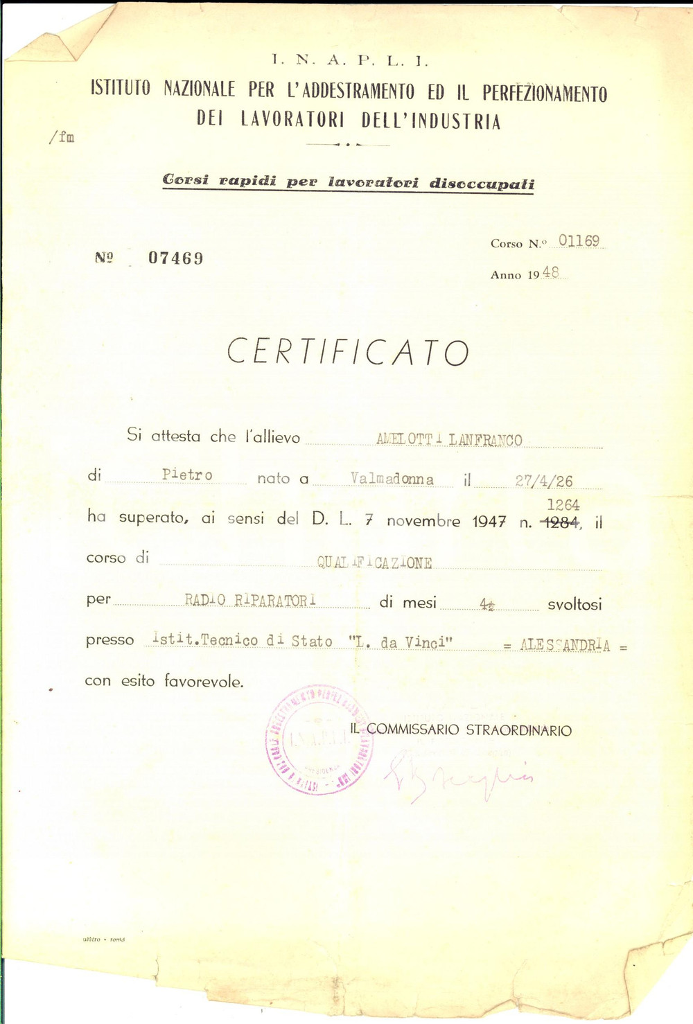 Oggetto da collezione cartaceo 1948 INAPLI ALESSANDRIA Certificato Lanfranco AMELOTTI corso radio riparatori 1