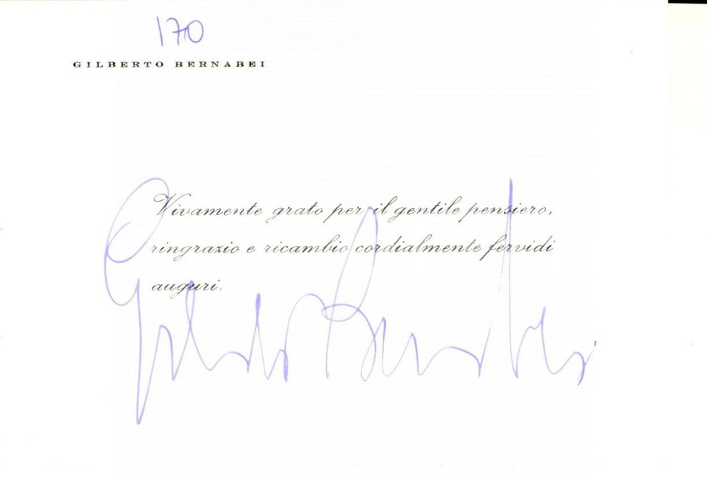 Autografo originale 1970 ca ROMA Biglietto augurale di Gilberto BERNABEI AUTOGRAFO 1