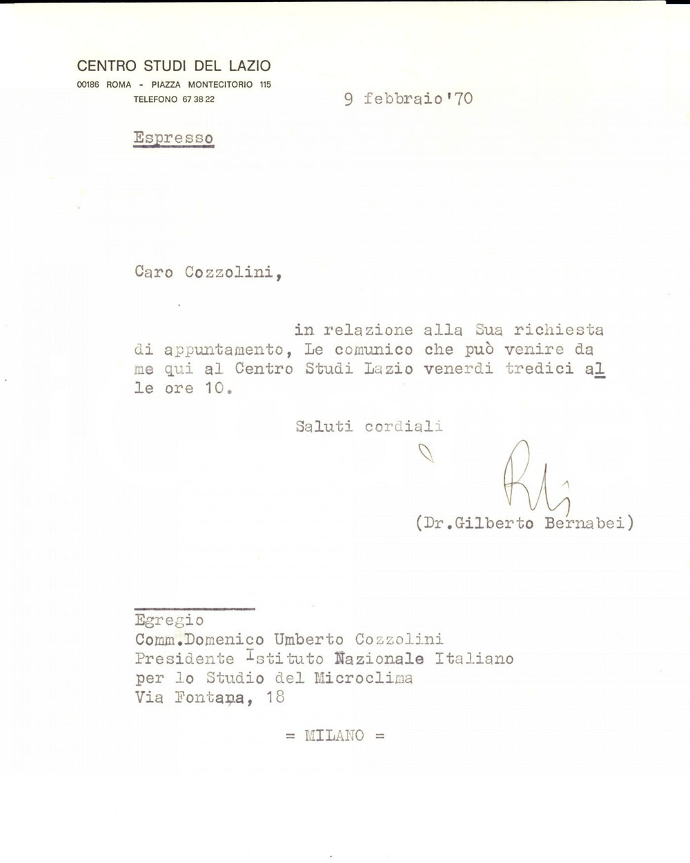 Autografo originale 1970 ROMA CENTRO STUDI DEL LAZIO Gilberto BERNABEI fissa appuntamento AUTOGRAFO 1