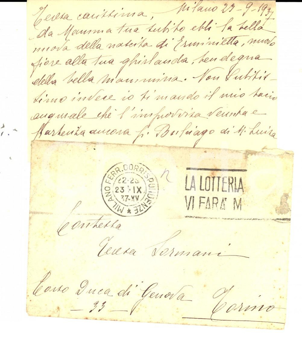 Oggetto da collezione cartaceo 1937 MILANO Biglietto nobildonna a contessa Teresa SORMANI per nascita Erminia 1