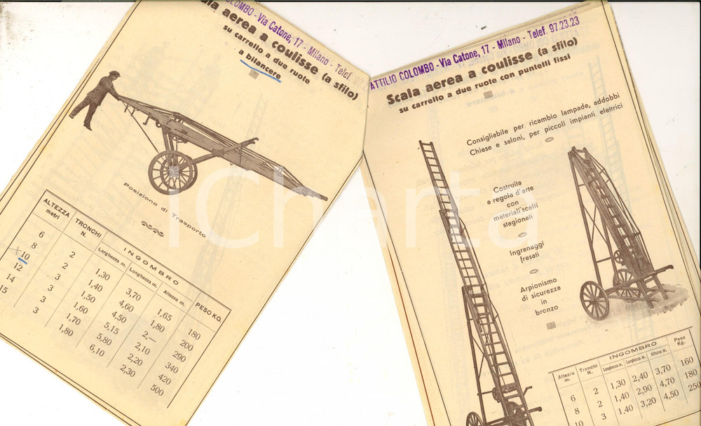 Materiale pubblicitario d’epoca 1950 ca MILANO Ditta Attilio COLOMBO Scale a mano e aeree Catalogo ILLUSTRATO 1