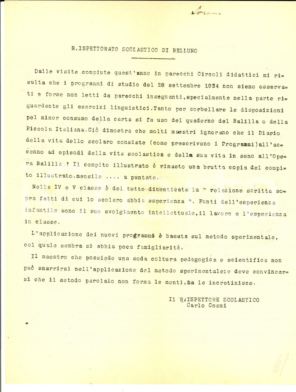 Documento originale, autentico 1934 BELLUNO Ispettore scolastico Carlo COSMI rimprovera insegnanti inadempienti 1