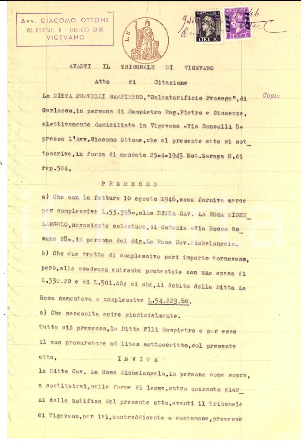 Documento originale, autentico 1946 VIGEVANO Atto di citazione ditta cav. LA ROSA Michelangelo calzature 1