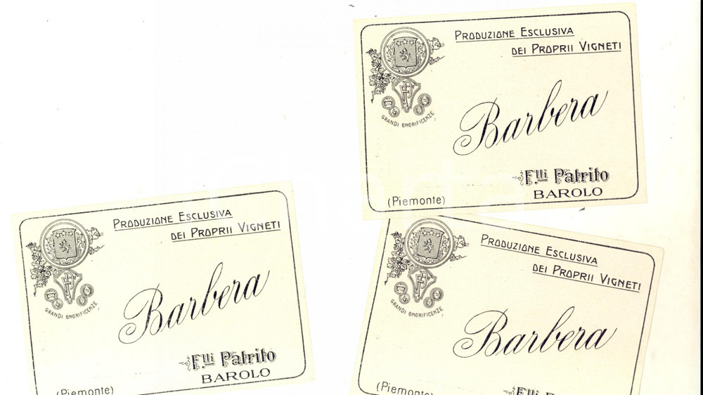 Materiale pubblicitario d’epoca 1970 ca BAROLO Lotto 3 etichette vino BARBERA Ditta F.LLI PATRITO 1