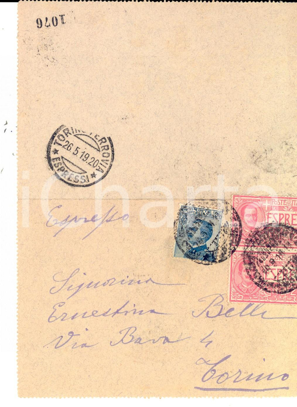 Cartolina originale da collezione 1919 STORIA POSTALE Biglietto Floreale Espresso cent. 25 + Michetti cent. 25 1