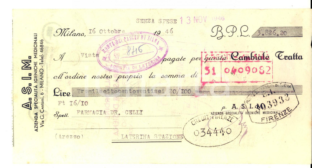 Oggetto da collezione cartaceo 1946 MILANO A.S.I.M. SpecialitÃ  Igieniche Medicinali Cambiale pubblicitaria 1