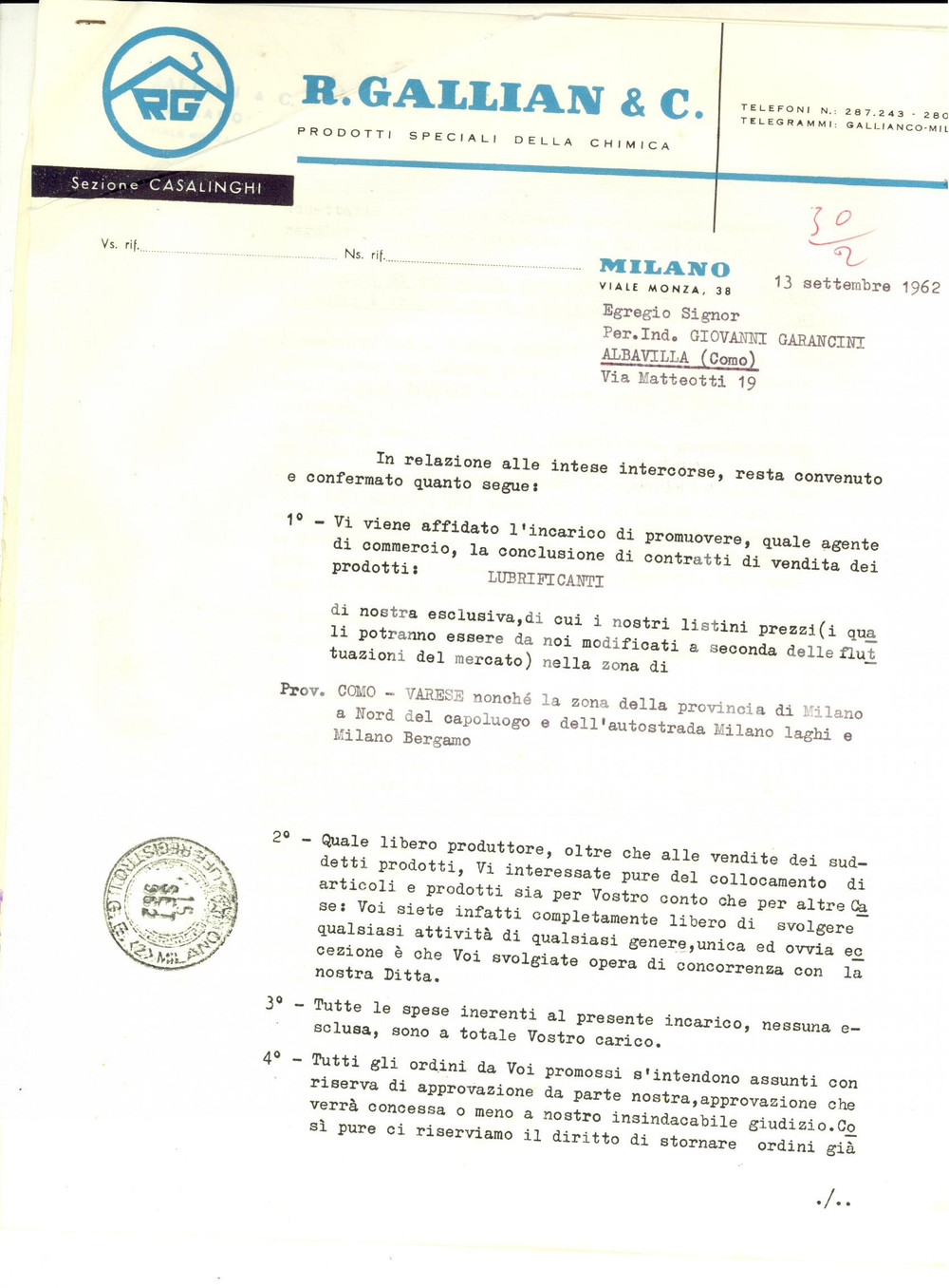 Documento originale, autentico 1962 MILANO Ditta R. GALLIAN Chimica  Contratto per rappresentante lubrificanti 1