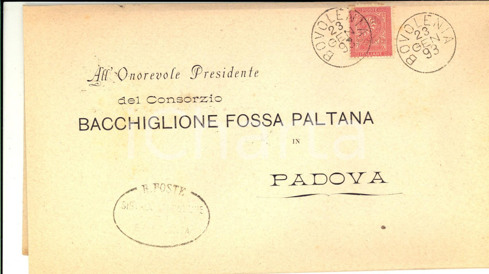 Oggetto da collezione cartaceo 1893 STORIA POSTALE Piego comunale BOVOLENTA per Consorzio BACCHIGLIONE 2 cent. 1