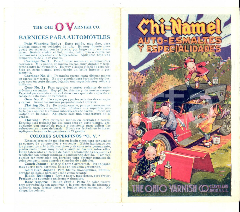 Materiale pubblicitario d’epoca 1950 ca CHINAMEL Autoesmaltes y especialidades Pieghevole con campioni 1