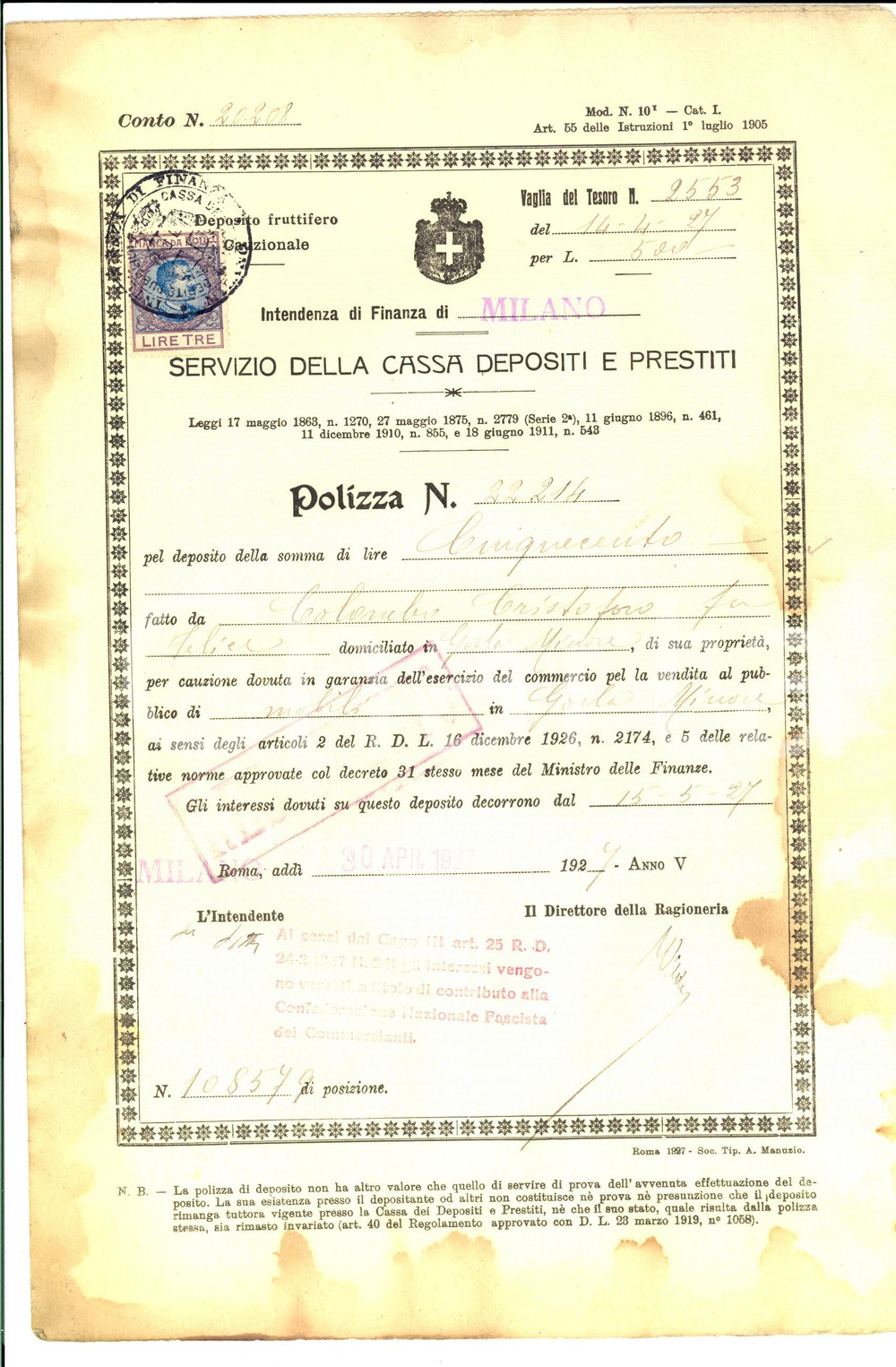 Oggetto da collezione cartaceo 1927 GORLA MINORE Polizza Cristoforo COLOMBO cauzione per negozio di mobili 1