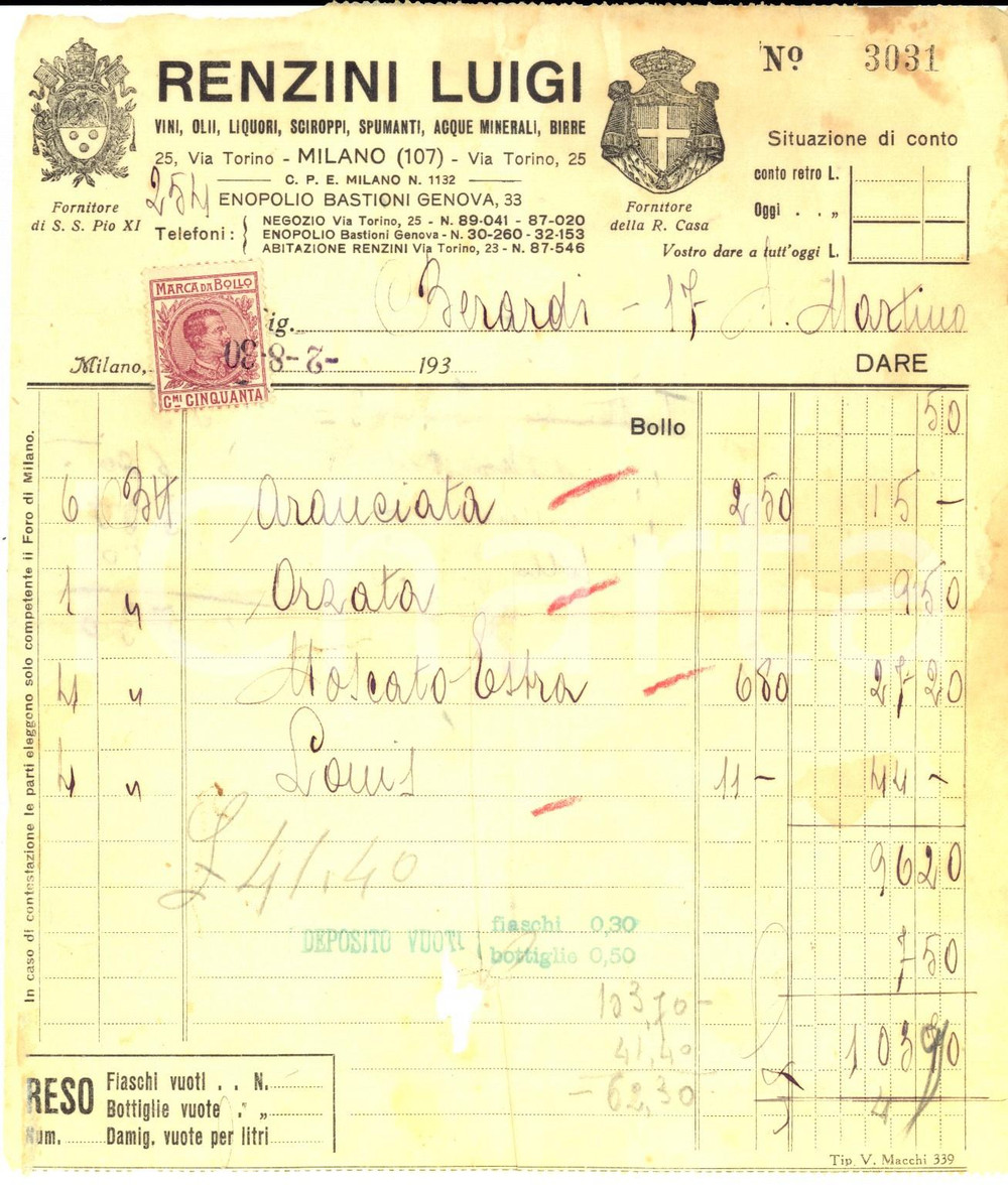 Documento originale, autentico 1930 MILANO Ricevuta ditta Luigi RENZINI per bevande Velina 1