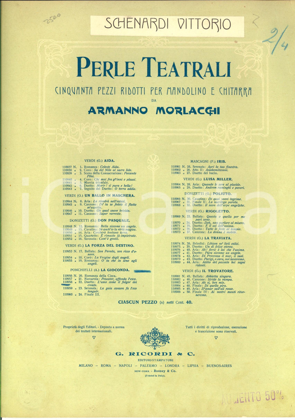 Oggetto da collezione cartaceo 1907 PONCHIELLI La Gioconda  L amo come il fulgor  Spartito mandolino RICORDI 1