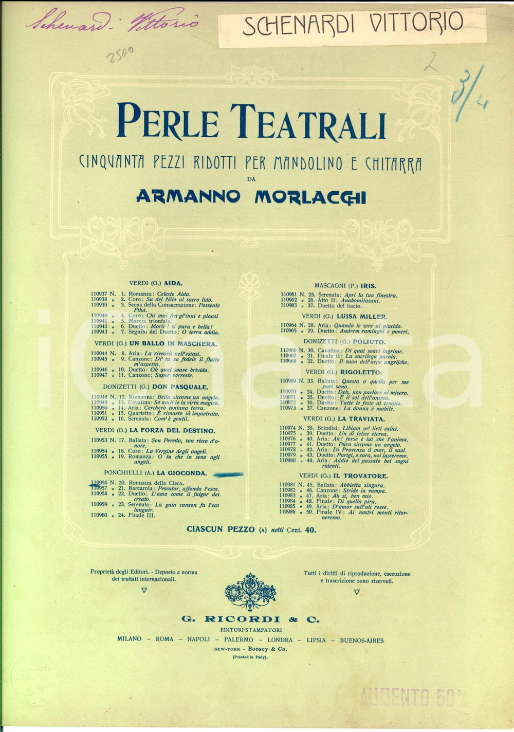 Oggetto da collezione cartaceo 1907 PONCHIELLI La Gioconda  Romanza della cieca  Spartito mandolino RICORDI 1