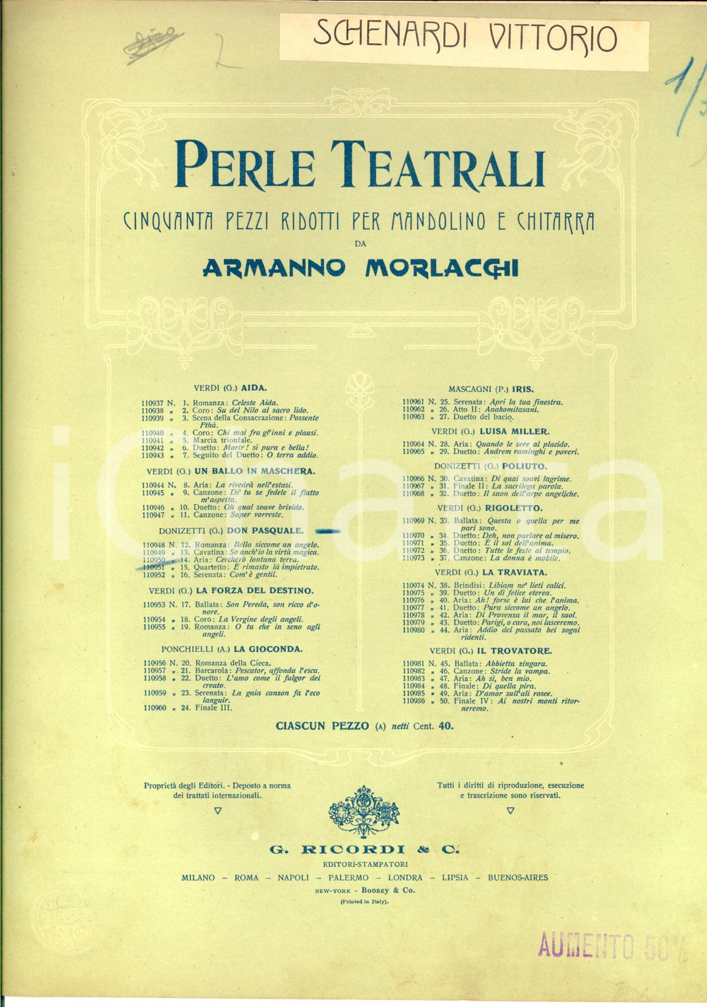 Oggetto da collezione cartaceo 1907 DONIZETTI Don Pasquale  E  rimasto lÃ  impietrato Spartito RICORDI 1