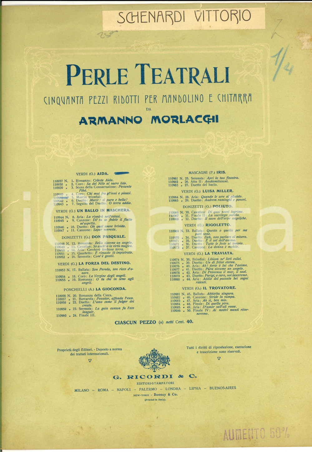 Oggetto da collezione cartaceo 1907 Giuseppe VERDI Aida  Marcia trionfale  Spartito mandolino RICORDI 1