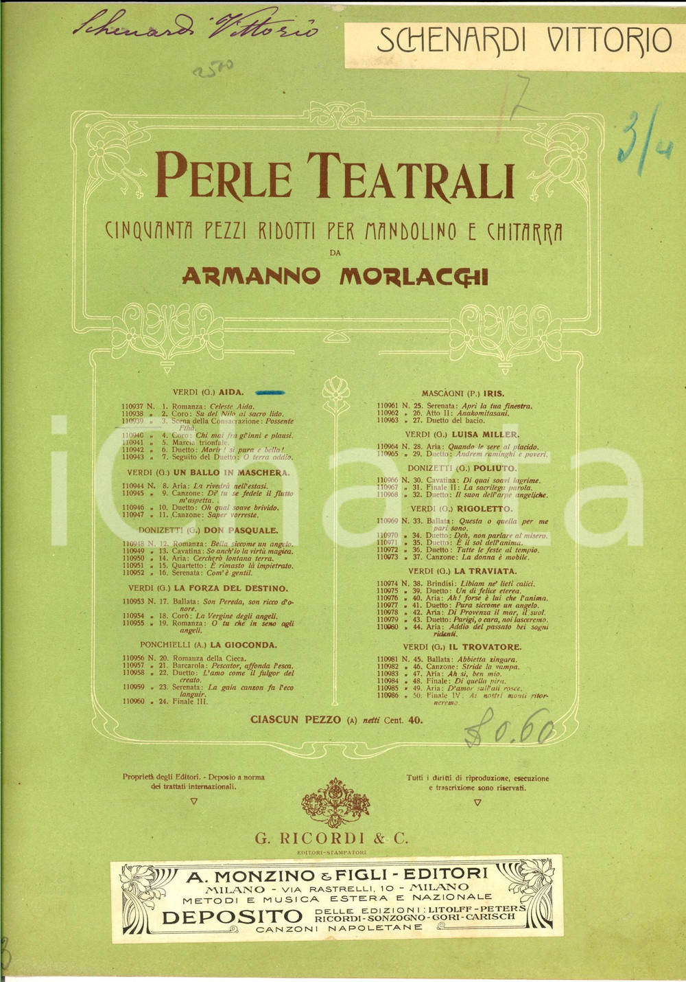 Oggetto da collezione cartaceo 1914 Giuseppe VERDI Aida  Possente FhtÃ  Spartito mandolino RICORDI 1
