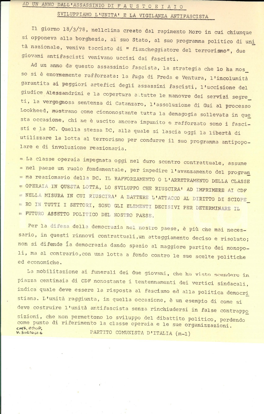 Materiale pubblicitario d’epoca 1979 MILANO PROPAGANDA PCI UnitÃ  dopo l omicidio di fausto e Iaio Ciclostilato 1