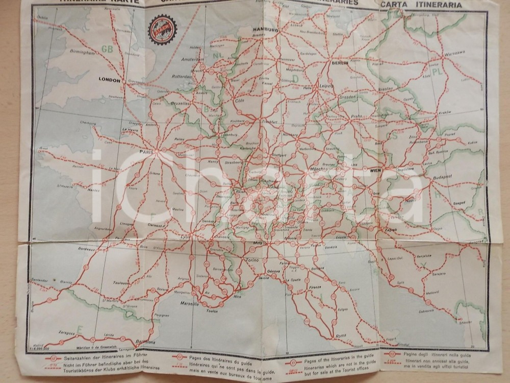 1930 ca EUROPA Carta AIACR Itinerari automobilistici - Mappa 35x27 cm 