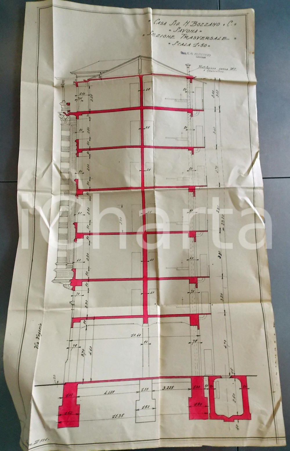 Stampa, bozzetto originale 1928 SAVONA via BOSELLI Ing. ASTENGO Casa BOZZANO Sezione trasversale 40x75 cm 1