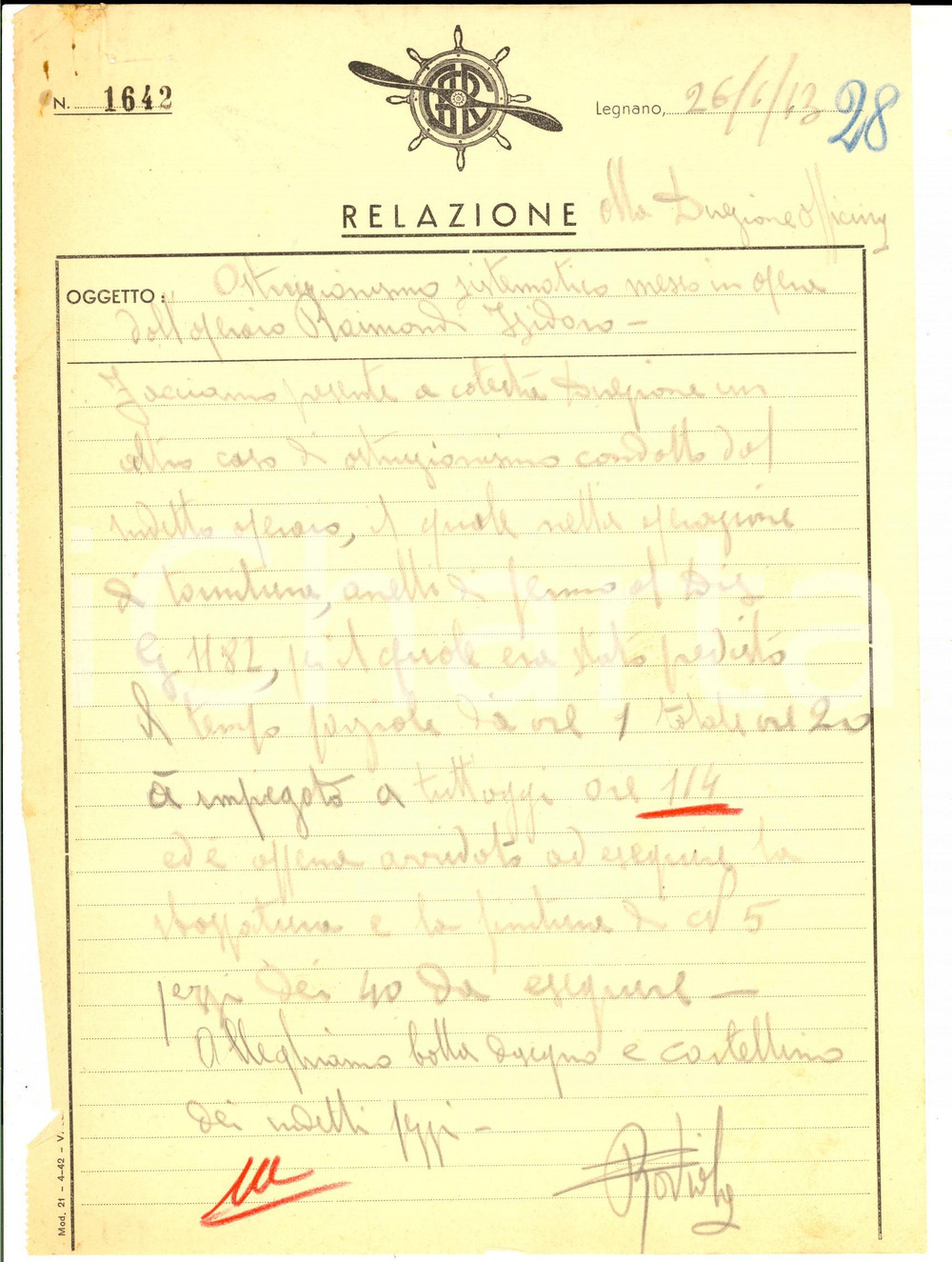 Documento originale, autentico 1943 LEGNANO MI Industria Meccanica  Ostruzionismo operaio  Isidoro RAIMONDI 1