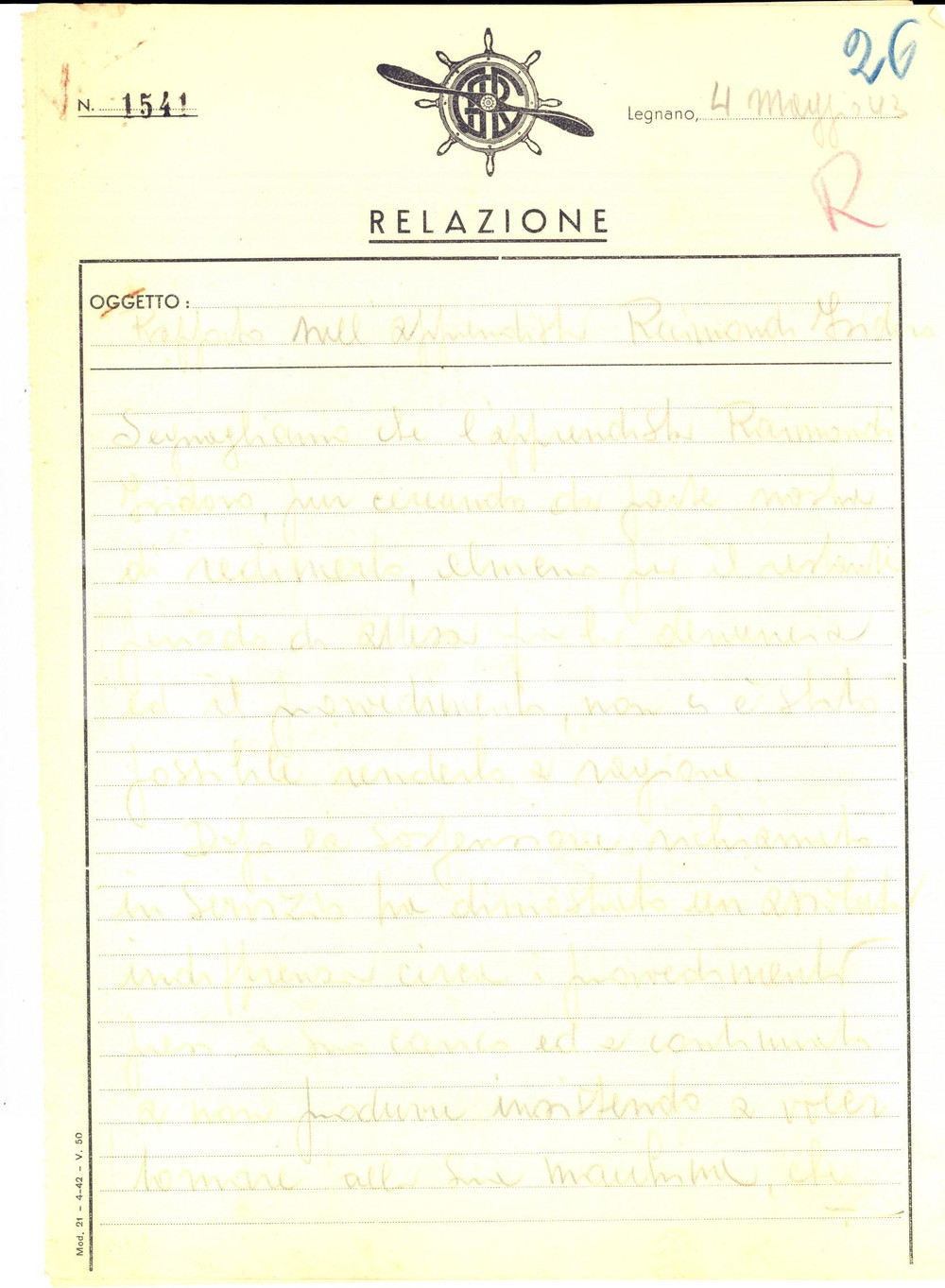 Documento originale, autentico 1943 LEGNANO MI Industria Meccanica  Apprendista Isidoro RAIMONDI caparbio 1