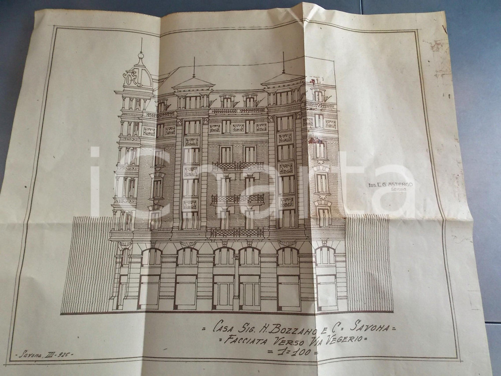 Stampa, bozzetto originale 1926 SAVONA Ing. ASTENGO Casa BOZZANO Facciata su via VEGERIO Progetto 53x45 cm 1